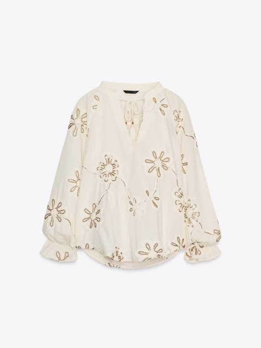 Zara Cream Embroidered Tie-Neck Peasant Blouse